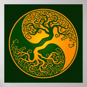 Póster Árvore de vida verde dourada Yin Yang