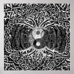 Póster Árvore de vida Yin Yang em preto e branco