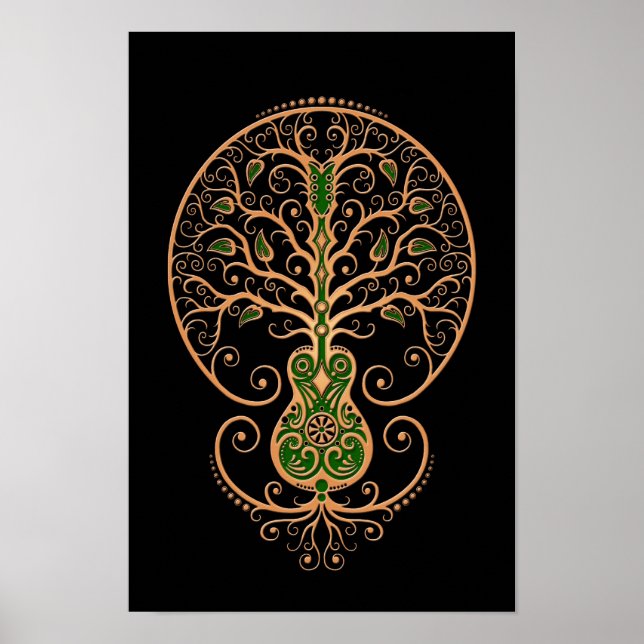 Póster Árvore de Violão Castanho e Verde sobre o Negro (Frente)