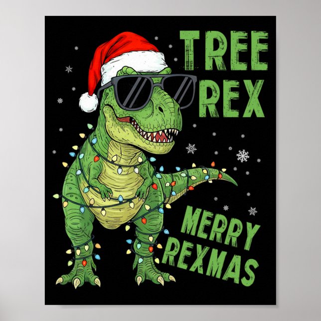 Poster Árvore Divertida Rex Natal Dinossauro Chapéu de Pa (Frente)