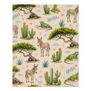 Póster Árvore divi de Aruba, burro, iguana, cacto