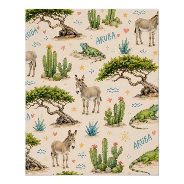 Póster Árvore divi de Aruba, burro, iguana, cacto (Frente)