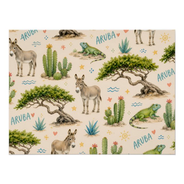 Póster Árvore divi de Aruba, burro, iguana, cacto (Frente)