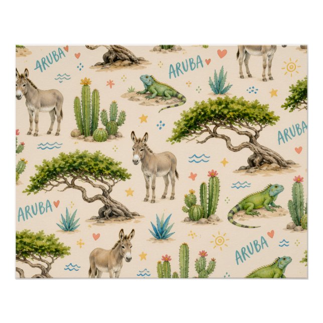 Póster Árvore divi de Aruba, burro, iguana, cacto (Frente)