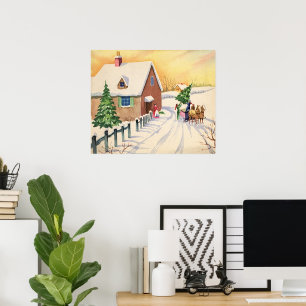 Póster Árvore do natal vintage em uma estrada nevado do