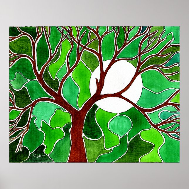 Poster Árvore e Lua Arte na Canvas - Verde (Frente)