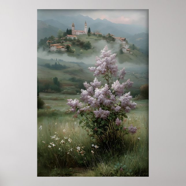 Poster Árvore em Flor Lilás Impressão, Campo de Primavera (Frente)