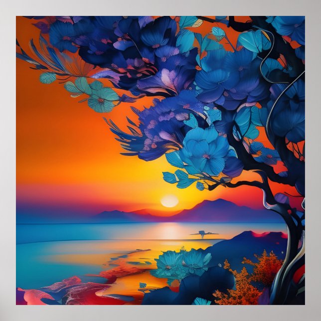 Poster Árvore florescente no lago ao nascer do sol (Frente)