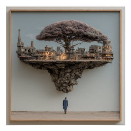 Póster Árvore Florida Cidade Arruinada Flutuante Surreali