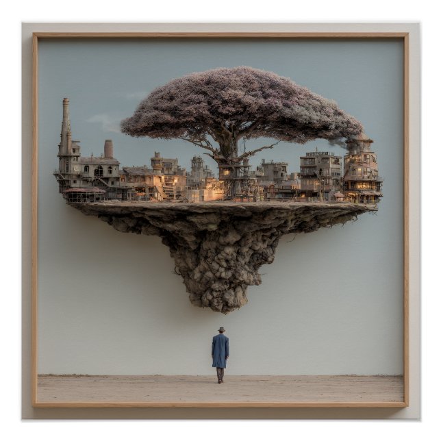 Póster Árvore Florida Cidade Arruinada Flutuante Surreali (Frente)