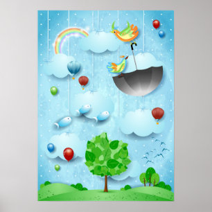 Poster Árvore grande e aves voadoras