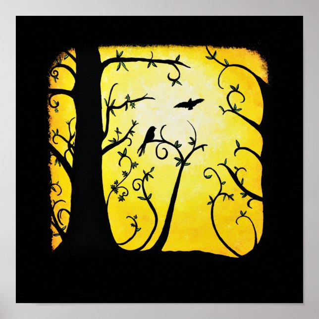 Poster Árvore Invertida de Verão Amarelo com Aves (Frente)