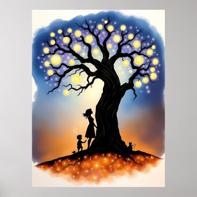 Poster Árvore Mágica de Luzes com Silhuetas (Frente)