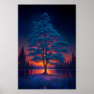 Poster Árvore Majestosa, Sol Vermelho