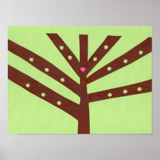 Poster Árvore Minimalista com Coração e Folhas Cor-de-Ros