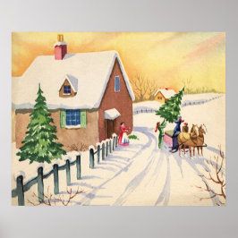 Póster Árvore natal vintage em uma estrada Snowy Winter