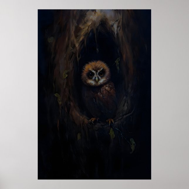 Poster Árvore Oca de Coruja Bebê Dark Academia, Parede Ma (Frente)