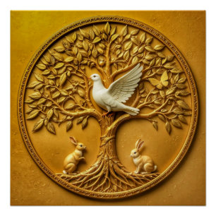 Póster Árvore ouro da Vida com Dove e Bunnies