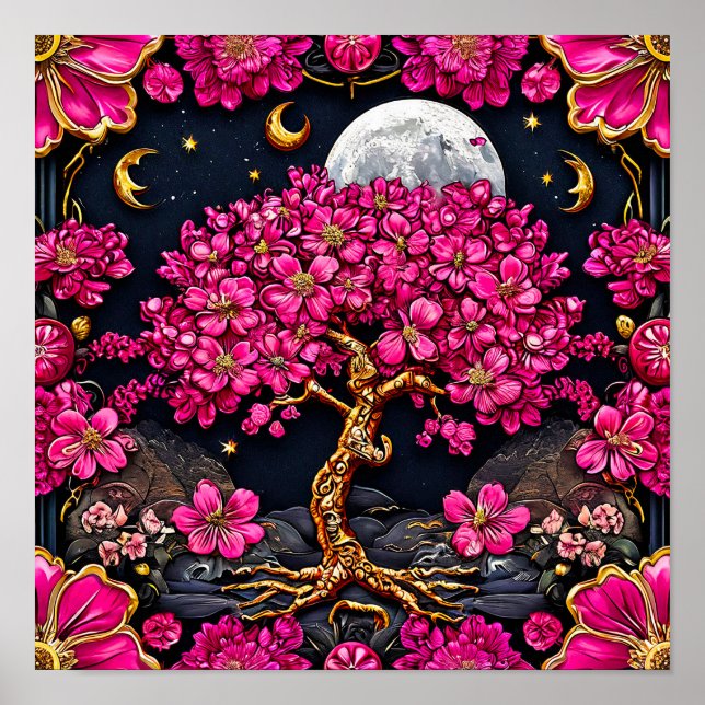 Poster Árvore Rosa Sonhadora e Lua Arte de Fantasia Capri (Frente)