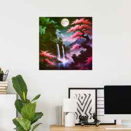 Poster Árvore Sakora-Queda d'água ao luar com flor de cer