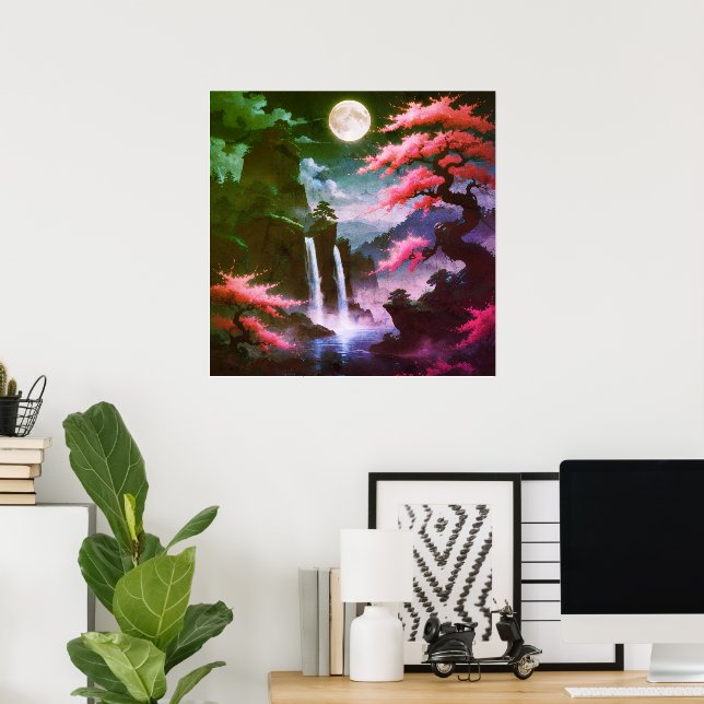 Poster Árvore Sakora-Queda d'água ao luar com flor de cer (Escritório em casa)