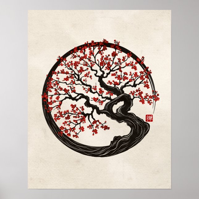 Poster Árvore Sakura do Círculo Enso Zen (Frente)