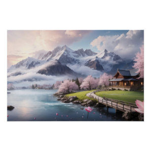 Póster Árvore Sakura Rosa Digital com Vista de Montanha