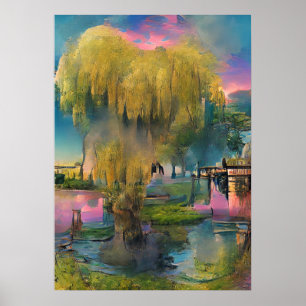 Poster Árvore selvagem ao pôr do sol pela lagoa