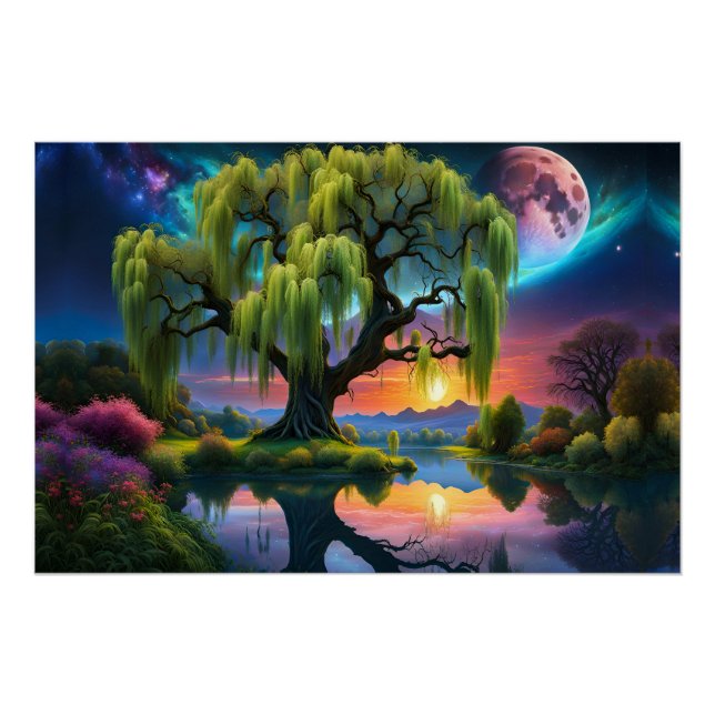 Póster Árvore selvagem sob a lua cheia N Starry sky Sunse (Frente)