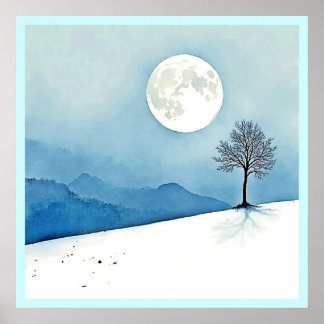Poster Árvore Solitária: Arte da Serena Lua Cheia Silenci