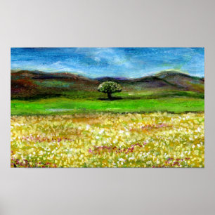 POSTER ÁRVORE SOLITÁRIA NO CAMPO DE FLORES AMARELAS, TOSC