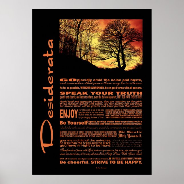 Póster Árvore Sunset da Noite do Poema Desiderata (Frente)