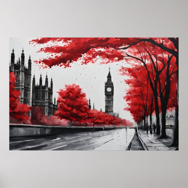 Poster Árvore vermelha com Big Ben (Frente)