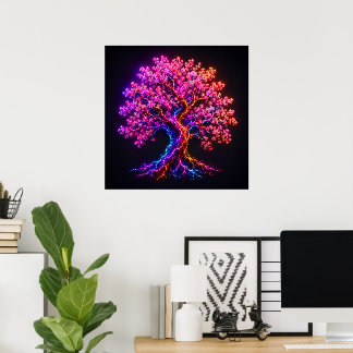 Poster Árvore Vibrante de Cerejeira em Flor com Neon e Ar