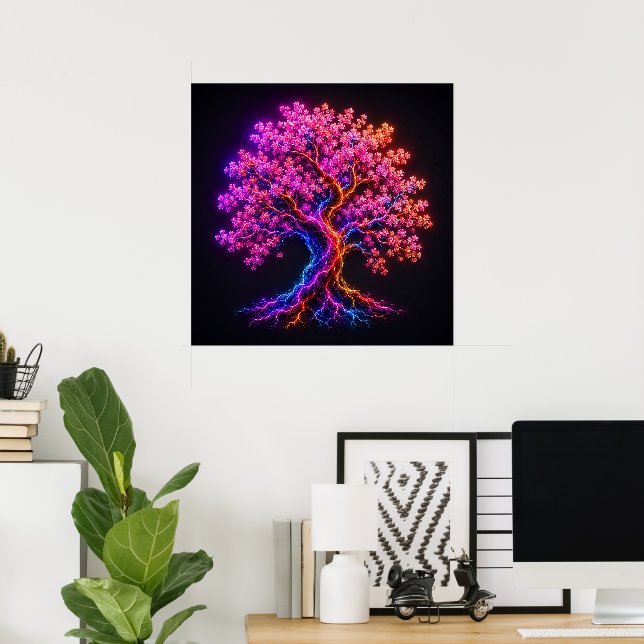 Poster Árvore Vibrante de Cerejeira em Flor com Neon e Ar (Escritório em casa)