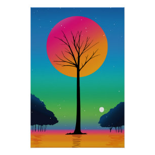 Póster Árvore Vibrante Sob um Céu de Arco-íris Cósmico