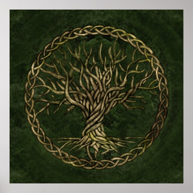 Poster Árvore viva - Yggdrasil - verde e ouro (Frente)