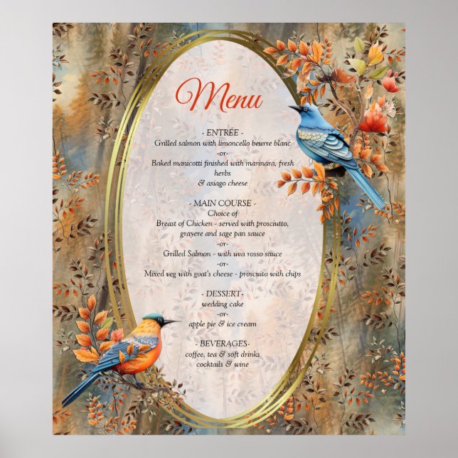 Poster Árvores altas, Folhas de outono e Aves Azuis. (Frente)