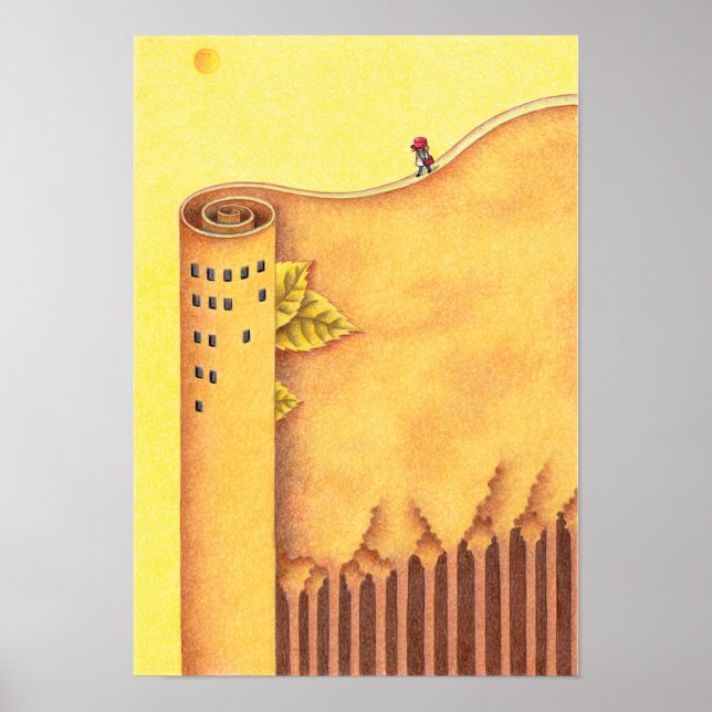 Poster Árvores choupo e uma torre. (Frente)