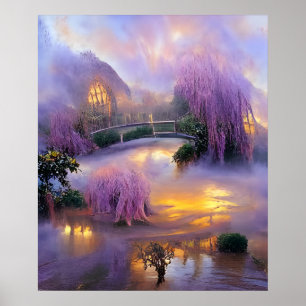 Poster Árvores cor-de-rosa ao pôr do sol pelo lago