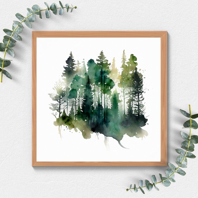 Poster Árvores da Floresta Aquarela Natureza Verde Marron (Criador carregado)
