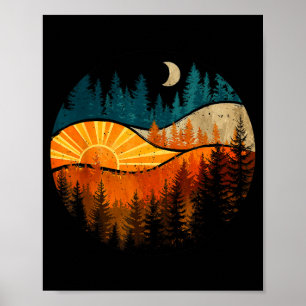 Poster Árvores da floresta vintage pôr do sol lua ao ar l