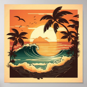 Poster Árvores de Coco e Ondas Oceânicas