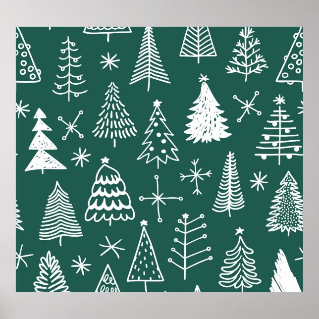 Poster Árvores de Natal desenhadas à mão, padrão de inver (Frente)