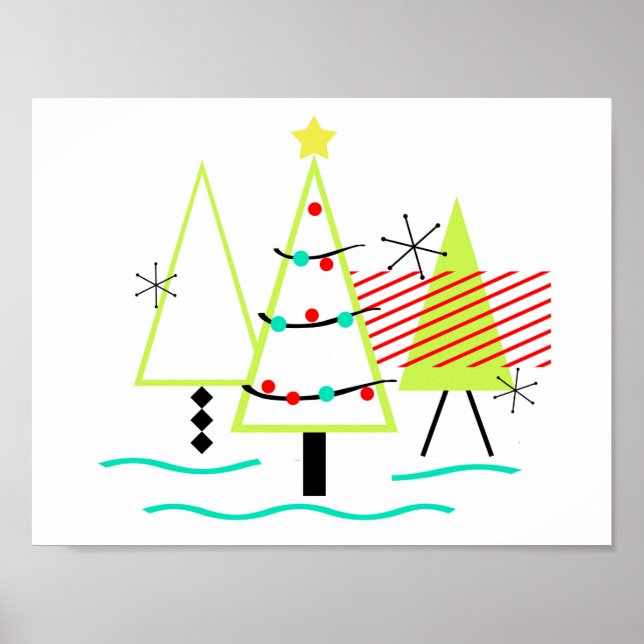 Poster árvores de natal modernas de meados do século retr (Frente)