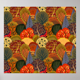 Poster Árvores de outono estilizadas, padrão de floresta 