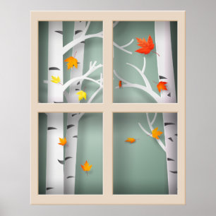 Poster Árvores de Papercut Aspen na janela do outono