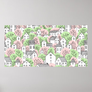 Poster Árvores e casas com padrão uniforme. Primavera e