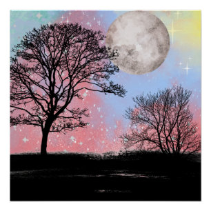 Póster Árvores E Lua, Céus, De Cores Aquáticas, Rosa E Az