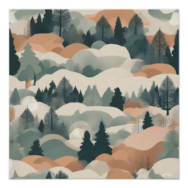 Póster Árvores e Montanhas Projeto Abstrato de Boho (Frente)